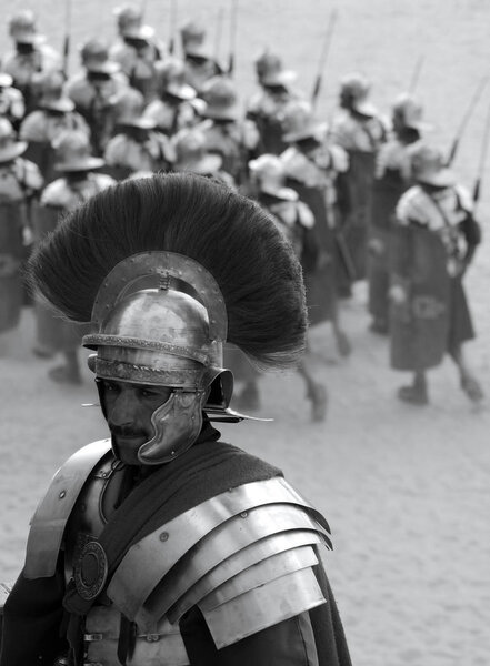 JERASH  JORDAN 11 25 2008: Jordanian men dress as Roman warrior soldiers and gladiators during a roman army reenactment 