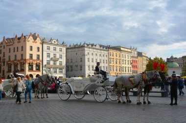 KRACOW POLAND 09: 10 17: Krakow 'u gezmenin en romantik yolu Rynek Glowny' nin kuzey ucunda sıralanan at arabalarıdır..