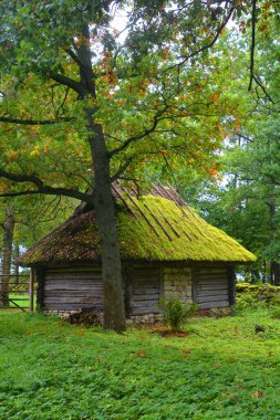 PUHALEPA PARISH HIIUMAA ESTONIA 09 19 2015: Old cottage-cum threshing barnon island of Hiimaa, Estonia.The old medieval village and huts