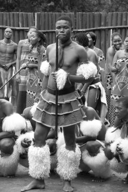 MANZINI, SWAZILAND - 25 Kasım 2010 Manzini, Svaziland 'daki bir Swazi şovunun sunumunda kimliği belirsiz genç erkekler geleneksel giysiler giyer ve dans eder.