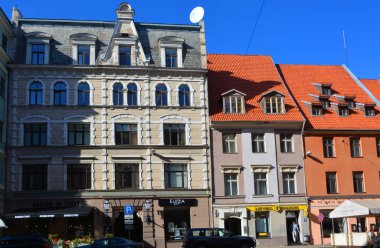 RIGA LATVIA 09 17 2015: Vecriga (Letonca: Old Riga) Riga 'nın tarihi merkezidir. Riga 'nın tarihi merkezi UNESCO' nun Dünya Mirasları Alanıdır.