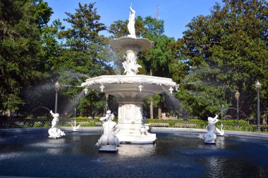 SAVANNAH GEORGIA ABD 06: 28 2016: Forsyth Park 'ın kuzey ucunda bulunan çeşme. Forsyth Park hem turistler hem de yerliler için popüler bir yerdir. Oturacak ve dinlenecek bir sürü yer var.