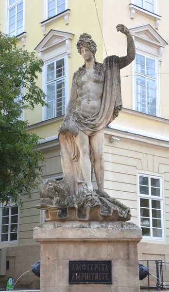 Lviv Ukraine Statua Dell Anfitrite Nella Piazza Del Mercato Lviv — Foto Stock