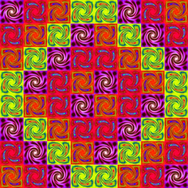 黄紫色和绿色无缝迷幻螺旋分形图案背景 — 图库照片