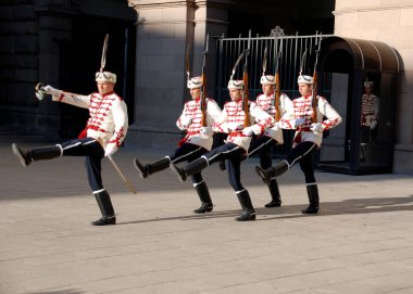 SOFYA SEPTEMBER 28 Eylül 2013: Bulgaristan Cumhurbaşkanlığı önünde 28 Eylül 2013 tarihinde Sofya 'da. Ulusal Muhafız Birimi, ordu selam töreni için askeri birlikleri de içeriyor..