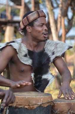 Victoria Falls Zimbabwe 16 Ekim: 16 Ekim 2014 tarihinde Victoria Falls Zimbabwe 'de Ndebele kabilesinden bir sokak dansçısı. Kuzey Ndebele halkı mendebele, Güney Afrika' da yer alan bir Bantu ulusu ve etnik gruptur.