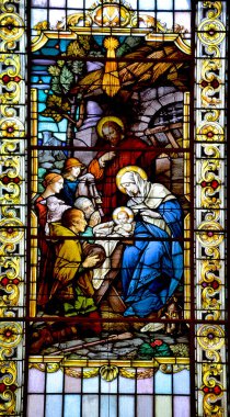 Quebec City Canada Eylül 03: Lekeli cam pencere Notre Dame des Victoires Kilisesi 3 Eylül 2014 tarihinde Quebec City Canada 'da. İnşaata 1687 yılında Champlain 'in yaşadığı yerde başlandı. 