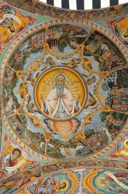 RILA, BULGARIA 27 Eylül: Rila Manastırı kilisesinde duvar resmi. Manastır Bulgaristan 'ın en büyük manastırı ve UNESCO Dünya Mirası bölgesi. 27 Eylül 2013 'te Bulgaristan' ın Rila kentinde.