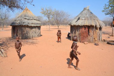 Khorixas, Namibya 09 Ekim 2014: Himba Evi. Himba, Güney-Batı Afrika 'nın Kunene bölgesinde, Kuzey Namibya' da yaşayan yerli halktır. 