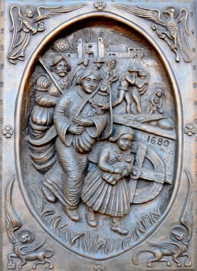 Santa Fe New Mexico Usa 23 Nisan 1886 'da inşa edilen Assisi Saint Francis Katedrali Kilisesi' nin bronz kapı detayları. 23 Nisan 2014 'te Santa fe New Mexico 