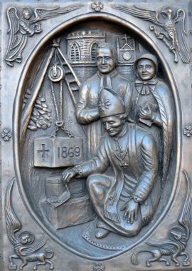 Santa Fe New Mexico Usa 23 Nisan 1886 'da inşa edilen Assisi Saint Francis Katedrali Kilisesi' nin bronz kapı detayları. 23 Nisan 2014 'te Santa fe New Mexico 