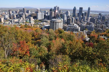 Montreal - 08 Ekim 2012 'de Montreal' de Kondiaronk Belvedere Mount Royal 'den şehrin manzarası. Quebec eyaletinin en büyük şehri ve Kanada 'nın ikinci şehridir.