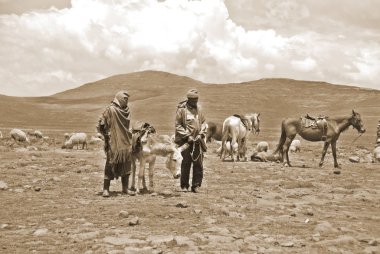 LESOTHO - 25 Kasım 2009 'da küçük bir köyde Sotho erkekleri, Lesotho, Afrika, Sotho halkı (veya Basotho), daha çok Güney Afrika ve Lesotho' da yaşayan Afrikalı bir etnik grup.. 