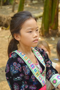 LUANG PRABANG LAOS - 29 Mart 2013 tarihinde Luang Prabang Laos 'ta kimliği belirsiz genç bir kızın portresi. Hmong dağlık bölgelerden gelen Asyalı bir etnik grup..