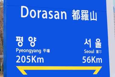 Pyeongyang sign in Dorasan Station, is a railway station situated on the Gyeongui Line, which once connected North and South Korea and has now been restored. clipart