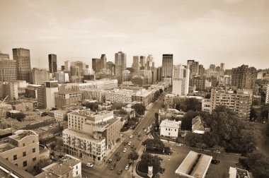 MONTREAL CANADA - 22 Haziran 2012 Montreal şehir merkezinin kuş bakışı görüntüsü. Montreal, Kanada 'nın Quebec eyaletinde yer alan bir şehirdir..