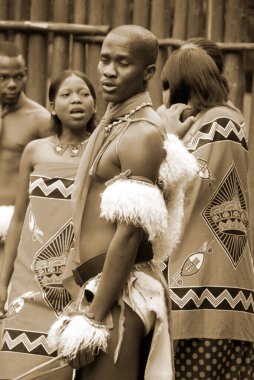MANZINI, SWAZILAND - 25 Kasım 2010 Manzini, Svaziland 'daki bir Swazi şovunun sunumunda kimliği belirsiz genç erkekler geleneksel giysiler giyer ve dans eder.