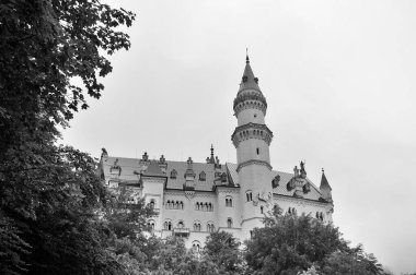 Almanya 'daki Neuschwanstein şatosu - alt manzara, bulutlu bir gün, yaz