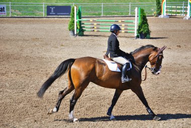 BROMONT, CANADA - 29 Temmuz 2011 'de Montreal Equestrian 1976 Olimpiyat Parkı' nda Ata binen bilinmeyen bir sürücü. 