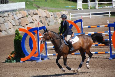 BROMONT, CANADA - 29 Temmuz 2011 'de Montreal Equestrian 1976 Olimpiyat Parkı' nda Ata binen bilinmeyen bir sürücü. 