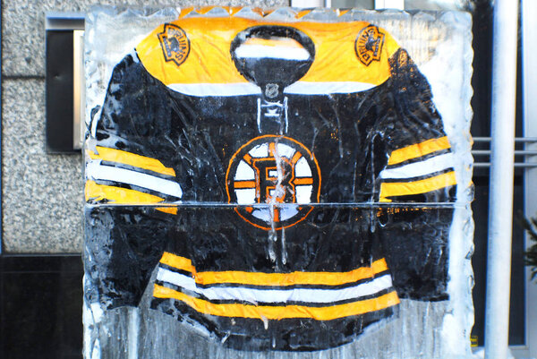 MONTREAL CANADA - JANUARY 24: Boston Bruins jersey in an ice block in front the Molson center of Montreal Canadians for the 57e All stars game on January 24 2009 in Montreal Canada