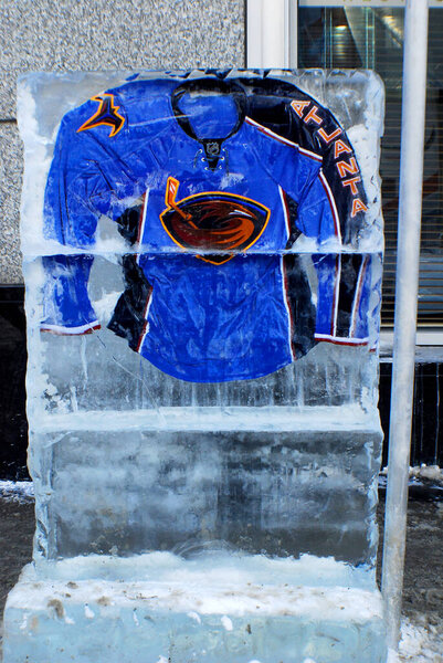 MONTREAL CANADA - JANUARY 24: Atlanta Thrashers jersey in an ice block in front the Molson center of Montreal Canadians for the 57e All stars game on January 24 2009 in Montreal Canada