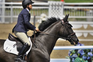 BROMONT, CANADA - 21 Temmuz 2012 'de Montreal Equestrian 1976 Olimpiyat Parkı' nda bilinmeyen bir binici.