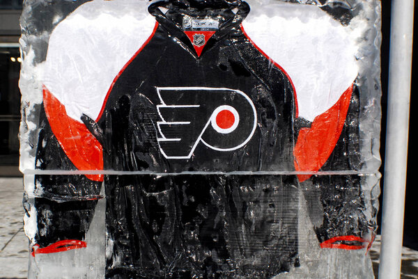 MONTREAL CANADA - JANUARY 24: Philadelphia Flyers jersey in an ice block in front the Molson center of Montreal Canadians for the 57e All stars game on January 24 2009 in Montreal Canada