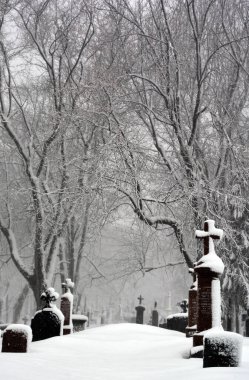 MONTREAL CANADA - 02: 15 2017: kar fırtınası sırasında Notre Dame Des Neiges kilise mezarlığı diğer inançlara açık bir Katolik mezarlığıdır..