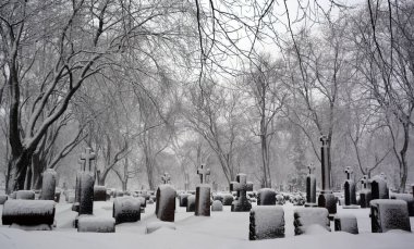 MONTREAL CANADA - 02: 15 2017: kar fırtınası sırasında Notre Dame Des Neiges kilise mezarlığı diğer inançlara açık bir Katolik mezarlığıdır..