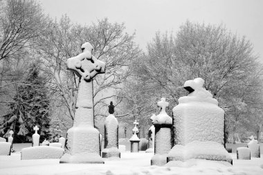 MONTREAL CANADA - 02 27 2020: kar fırtınası sırasında Notre Dame Des Neiges kilise mezarlığı diğer inançlara açık bir Katolik mezarlığıdır..