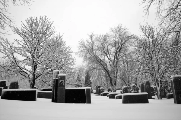 Montreal Kanada 2020 Während Des Schneesturms Ist Der Kirchfriedhof Notre — Stockfoto