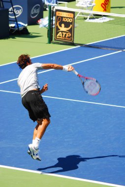 Montreal - 7 Ağustos 2011 'de Montreal, Kanada' da Roger Federer, Montreal Rogers Kupası sahasında. Roger Federer, 237 haftalık rekorunu elinde tutan İsviçreli profesyonel tenis oyuncusu.  