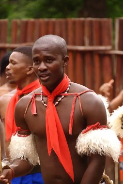 MANZINI, SWAZILAND - 25 Kasım 2010 Manzini, Svaziland 'daki bir Swazi şovunun sunumu sırasında, tanımlanamayan gençler geleneksel giysiler giyip dans ediyorlar