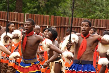 MANZINI, SWAZILAND - 25 Kasım 2010 Manzini, Svaziland 'daki bir Swazi şovunun sunumu sırasında, tanımlanamayan gençler geleneksel giysiler giyip dans ediyorlar