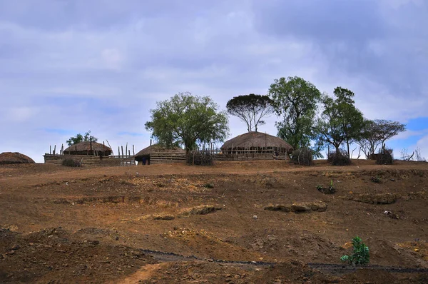 Pueblo Africano Tradicional Con Casas Madera — Foto de Stock