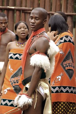 MANZINI, SWAZILAND - 25 Kasım 2010 Manzini, Svaziland 'daki bir Swazi şovunun sunumunda kimliği belirsiz genç erkekler geleneksel giysiler giyer ve dans eder.