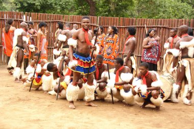 MANZINI, SWAZILAND - 25 Kasım 2010 Manzini, Svaziland 'daki bir Swazi şovunun sunumu sırasında, tanımlanamayan gençler geleneksel giysiler giyip dans ediyorlar