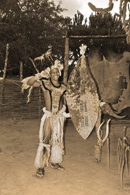 Tanımlanamayan bir genç, 27 Kasım 2010 'da Güney Afrika' daki Shakaland Zulu Kültür Köyü 'nün sunumunda geleneksel Zulu kıyafetleri giyiyor.