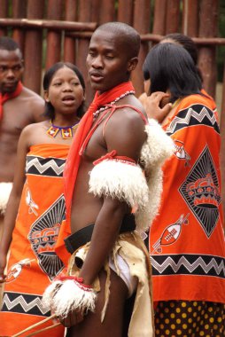 MANZINI, SWAZILAND - 25 Kasım 2010 Manzini, Svaziland 'daki bir Swazi şovunun sunumu sırasında, tanımlanamayan gençler geleneksel giysiler giyip dans ediyorlar