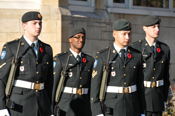 MONTREAL, CANADA - NOVEMBER 6: Canadians soldiers in uniform for the remembrance Day on November 6, 2011, Montreal, Canada. The day was dedicated by King George V on 7-11-19 as a day of remembrance.