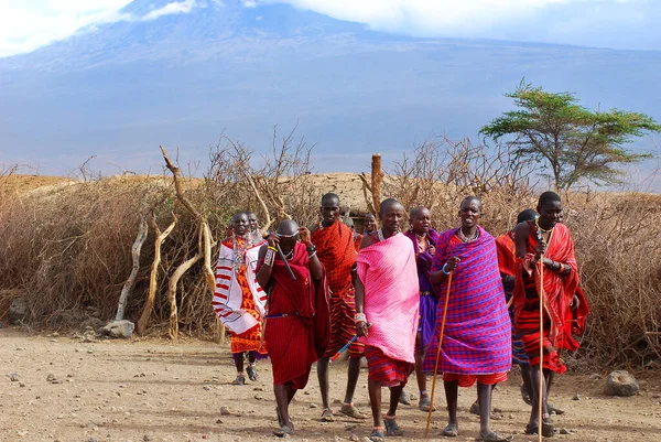 Amboseli Kenia Oct Grupo Hombres Africanos Identificados Tribu Masai Preparan — Foto de Stock