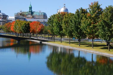 MONTREAL, QUEBEC, CANADA - 10 2010: Arka planda eski Montreal ile Parc Jean Drapeau 'dan sonbahar manzarası