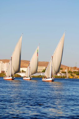 ASWAN EGYPT - 125 08: Felucca, Aswan, Mısır yakınlarındaki Nil nehri üzerinde yelken açıyor. Bugün görülen dostlar MÖ 3350 yılında icat edildi.