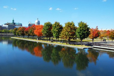 MONTREAL, QUEBEC, CANADA - 10 2010: Arka planda eski Montreal ile Parc Jean Drapeau 'dan sonbahar manzarası 
