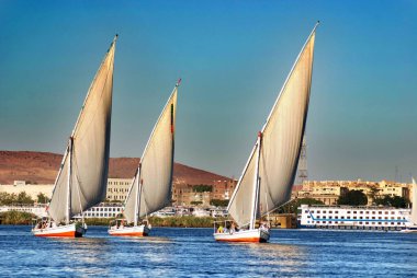 ASWAN EGYPT - 125 08: Felucca, Aswan, Mısır yakınlarındaki Nil nehri üzerinde yelken açıyor. Bugün görülen dostlar MÖ 3350 yılında icat edildi.