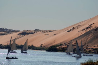 ASWAN EGYPT - 125 08: Felucca, Aswan, Mısır yakınlarındaki Nil nehri üzerinde yelken açıyor. Bugün görülen dostlar MÖ 3350 yılında icat edildi. 