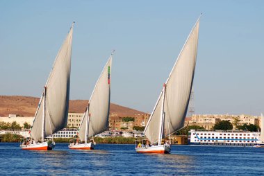 ASWAN EGYPT - 25 NOV: Felucca, MÖ 3350 yılında Mısır 'ın Aswan kenti yakınlarındaki Nil nehrinde yelken açar.