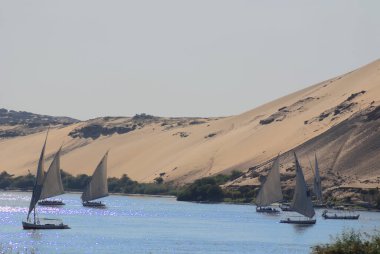 ASWAN EGYPT - 125 08: Felucca, Aswan, Mısır yakınlarındaki Nil nehri üzerinde yelken açıyor. Bugün görülen dostlar MÖ 3350 yılında icat edildi.