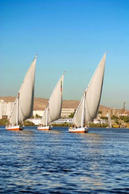 ASWAN EGYPT - 125 08: Felucca, Aswan, Mısır yakınlarındaki Nil nehri üzerinde yelken açıyor. Bugün görülen dostlar MÖ 3350 yılında icat edildi.